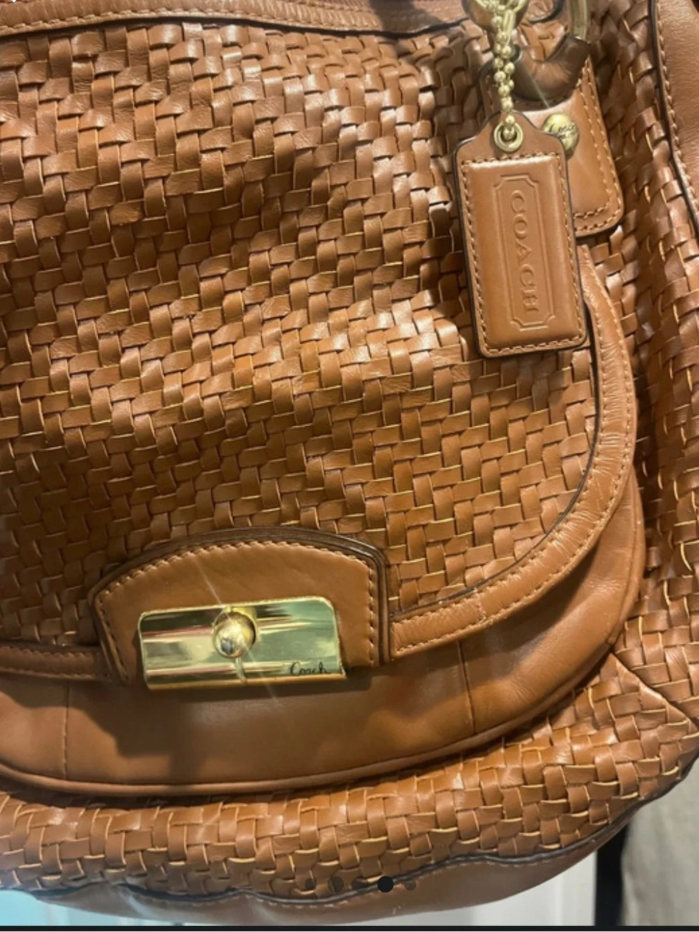 Coach Woven Leather Crossbody Bag in Brown with Gold Hardware